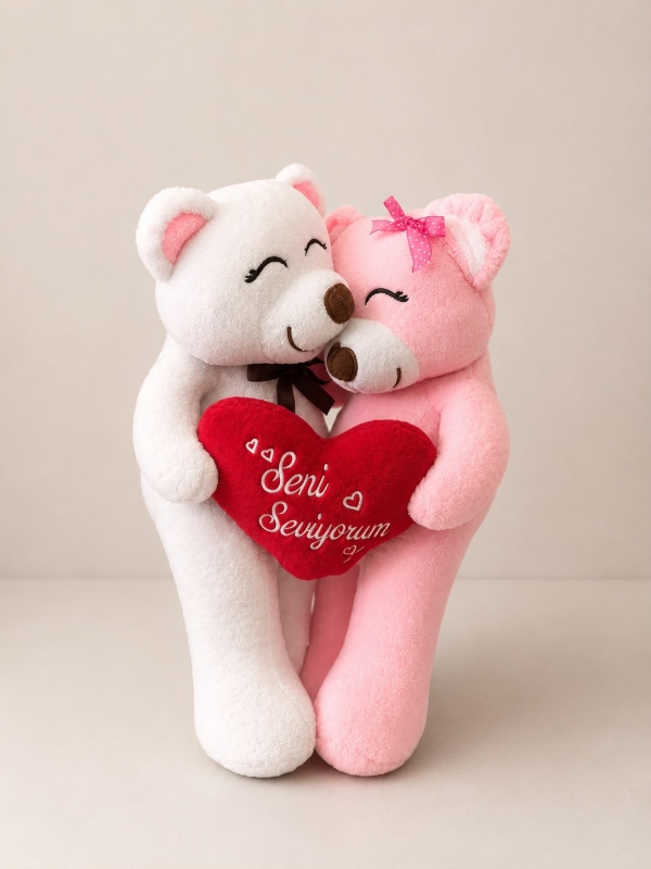 İKİLİ SENİ SEVİYORUM YAZILI PEMBE BEYAZ AYICIK